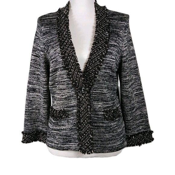 TRIBAL Cardigan Sweater Blazer B&W Marled Yarn w Silver Threads Tweed Trim M - Picture 1 of 10